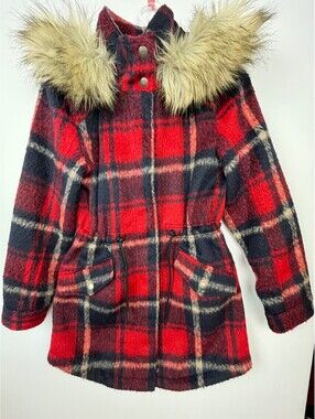 American Eagle Plaid Parka Coat XS Faux Fur Hood Wool Blend Y2K Style Waist Zip